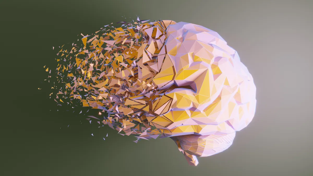 An illustration of a brain disintegrating