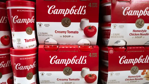 Cans of soup made by the Campbell Soup company at a grocery store.