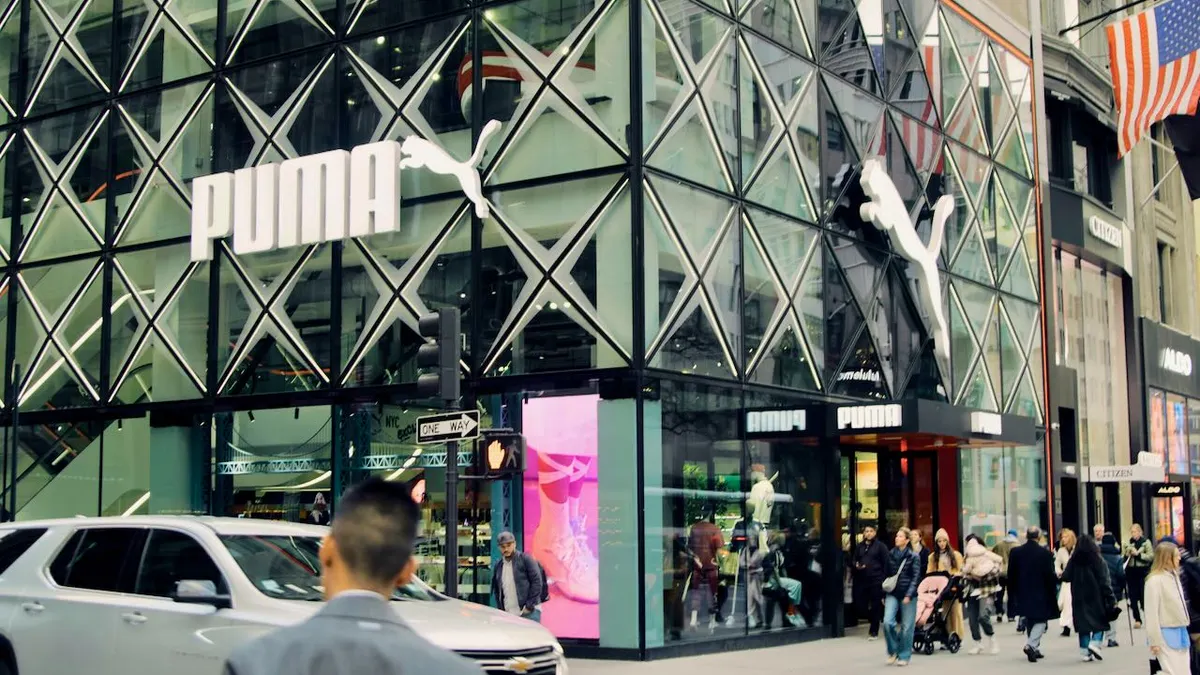 An athletic store on a New York City corner.
