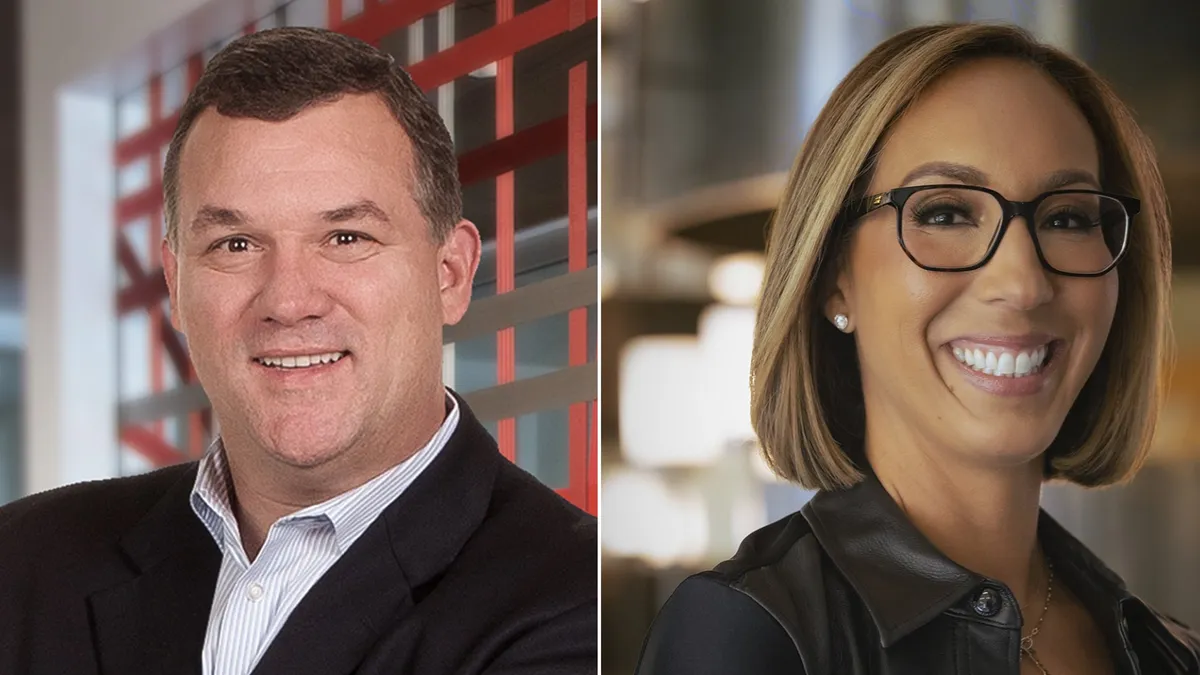 A headshot of outgoing State Farm CMO Rand Harbert paired with a headshot of his replacement, Kristyn Cook.