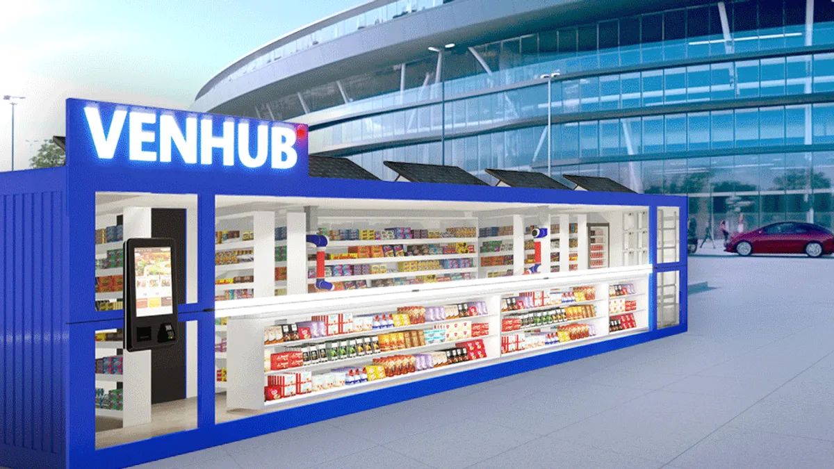 A rendering of a VenHub store in the parking lot of a sports arena.