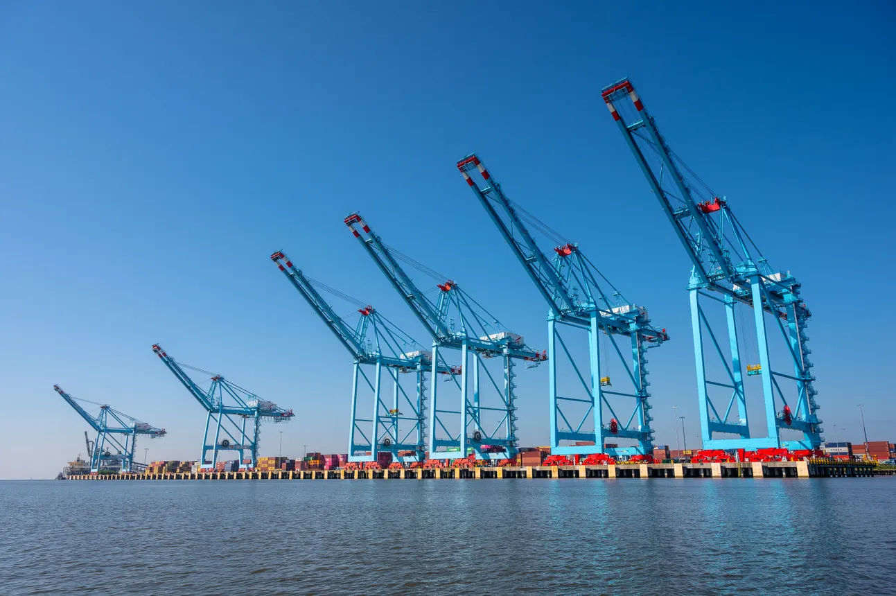 An ocean vessel docked at the Port of Mobile.
