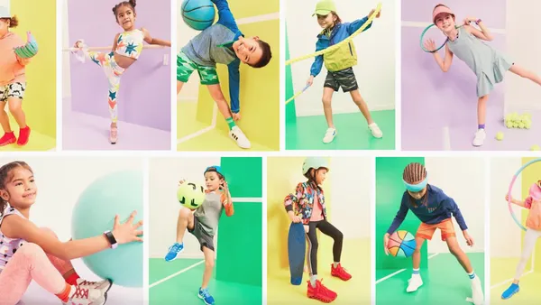 Children playing and jumping wearing bright colored clothing