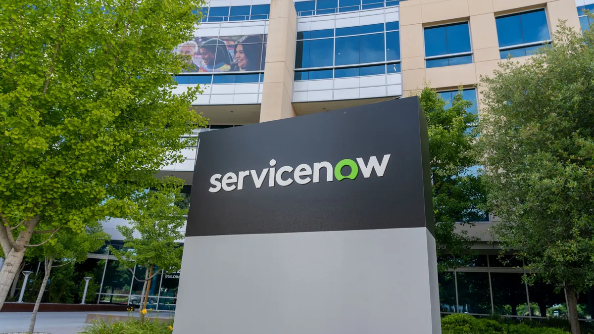 A ServiceNow sign in front of the company's headquarters in Santa Clara, California, USA.