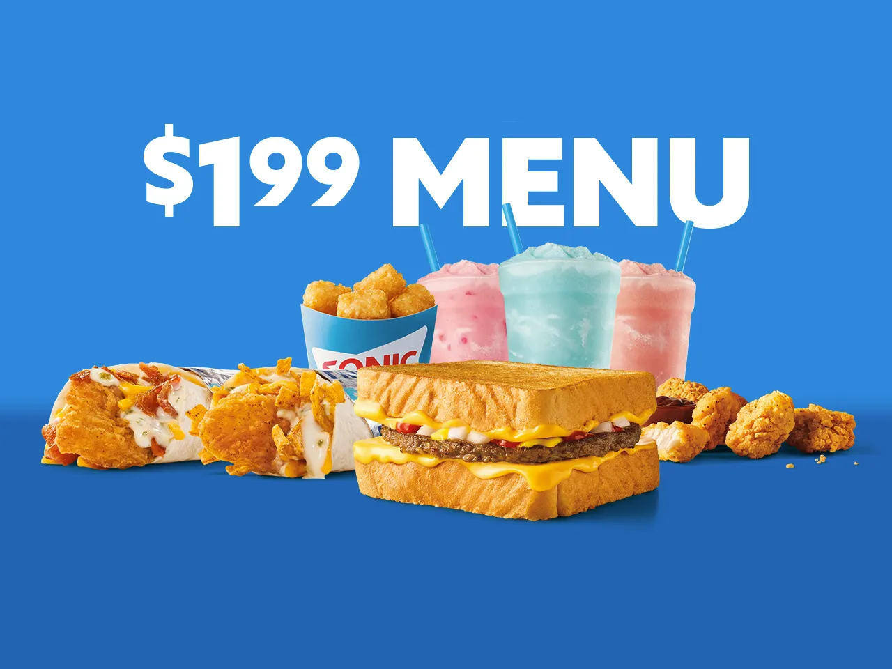 Several items from Sonic Drive-In arranged to showcase the brand&#x27;s changes to its Fun99 value menu