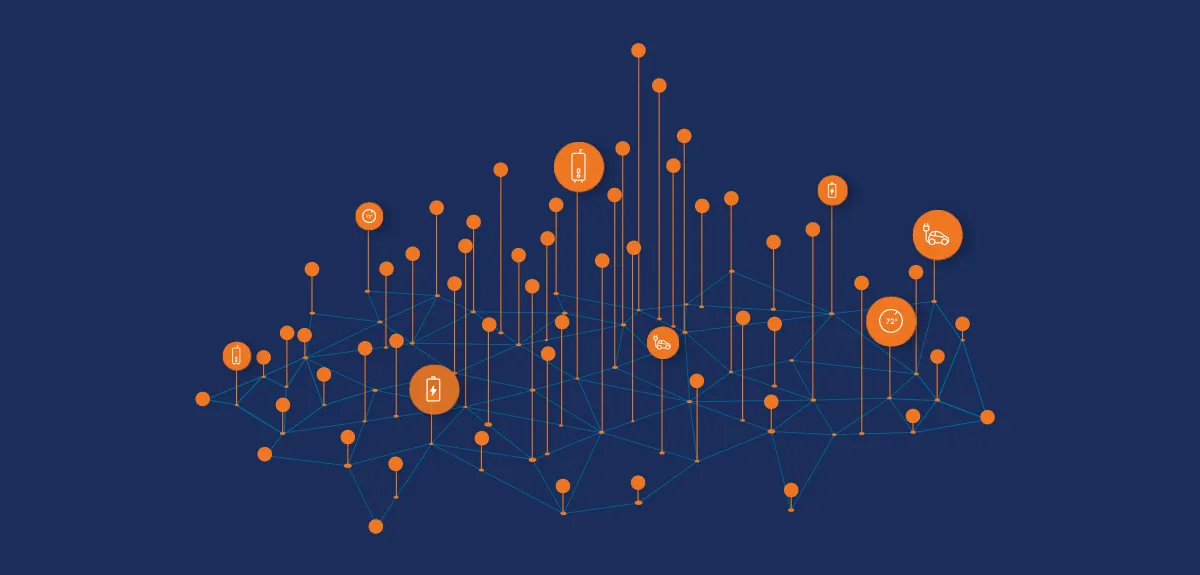 A visual representation of a connected network, featuring orange nodes and icons representing various technologies, such as batteries, cars, and temperature indicators, connected by thin blue lines on a dark blue background.