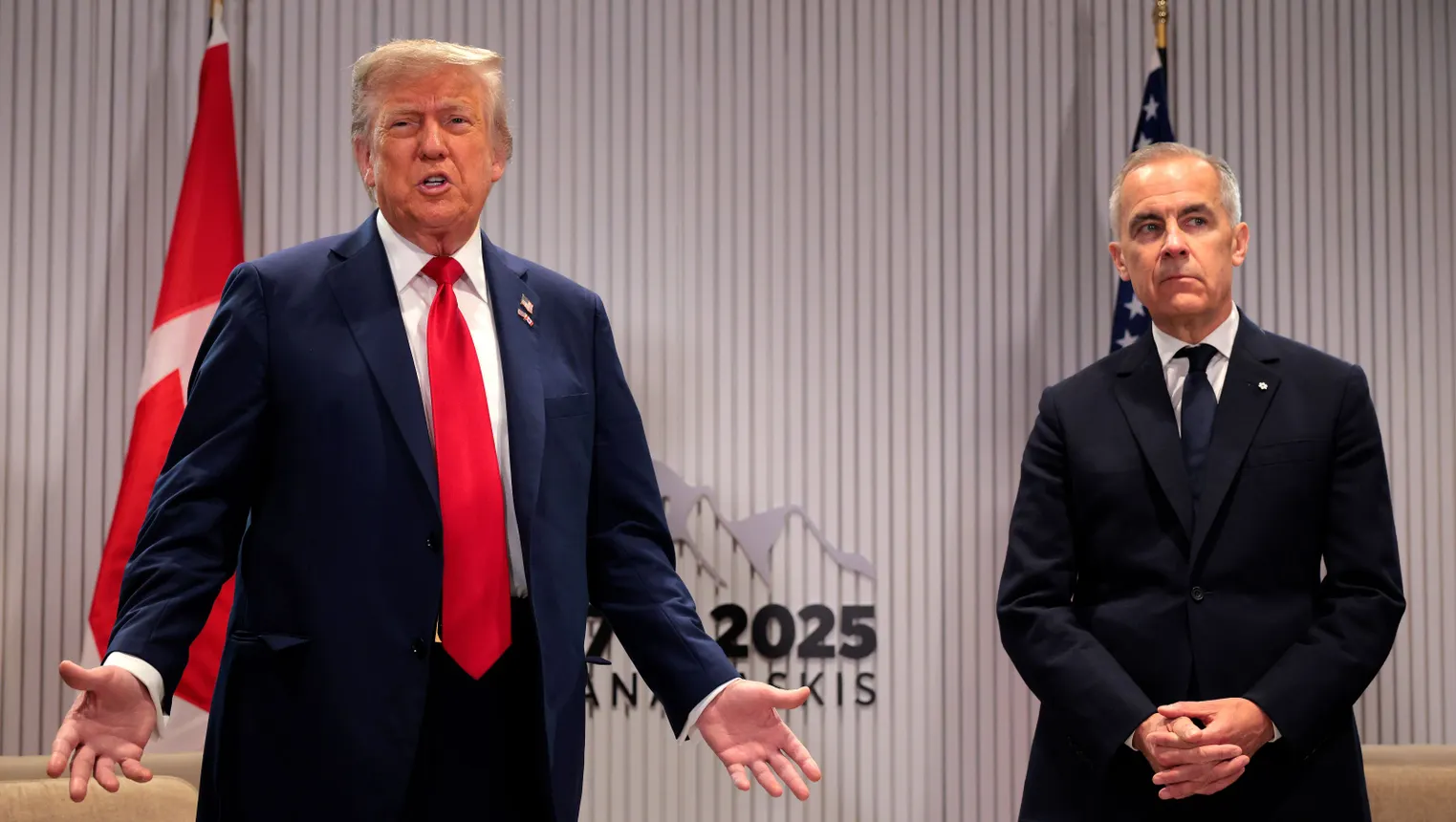 U.S. President Donald Trump speaks next to Canada Prime Minister Mark Carney during the G7 Leaders' Summit on June 16, 2025 in Kananaskis, Alberta.
