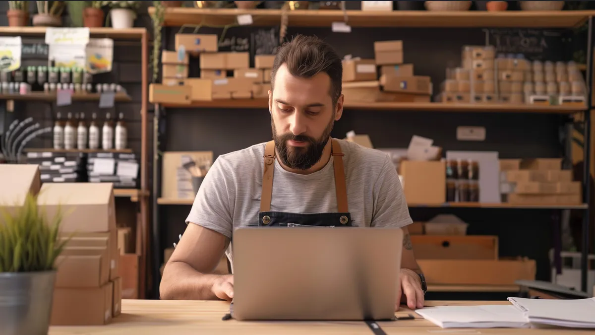 A bearded man in a gray shirt and apron works on a laptop at a wooden table in a cozy shop with shelves of boxes and plants, illustrating focus.