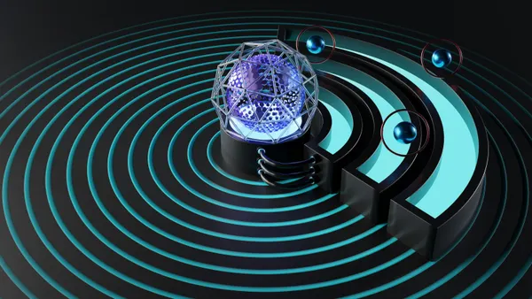 Blue spiral with a black background with a hexagon ball in the middle