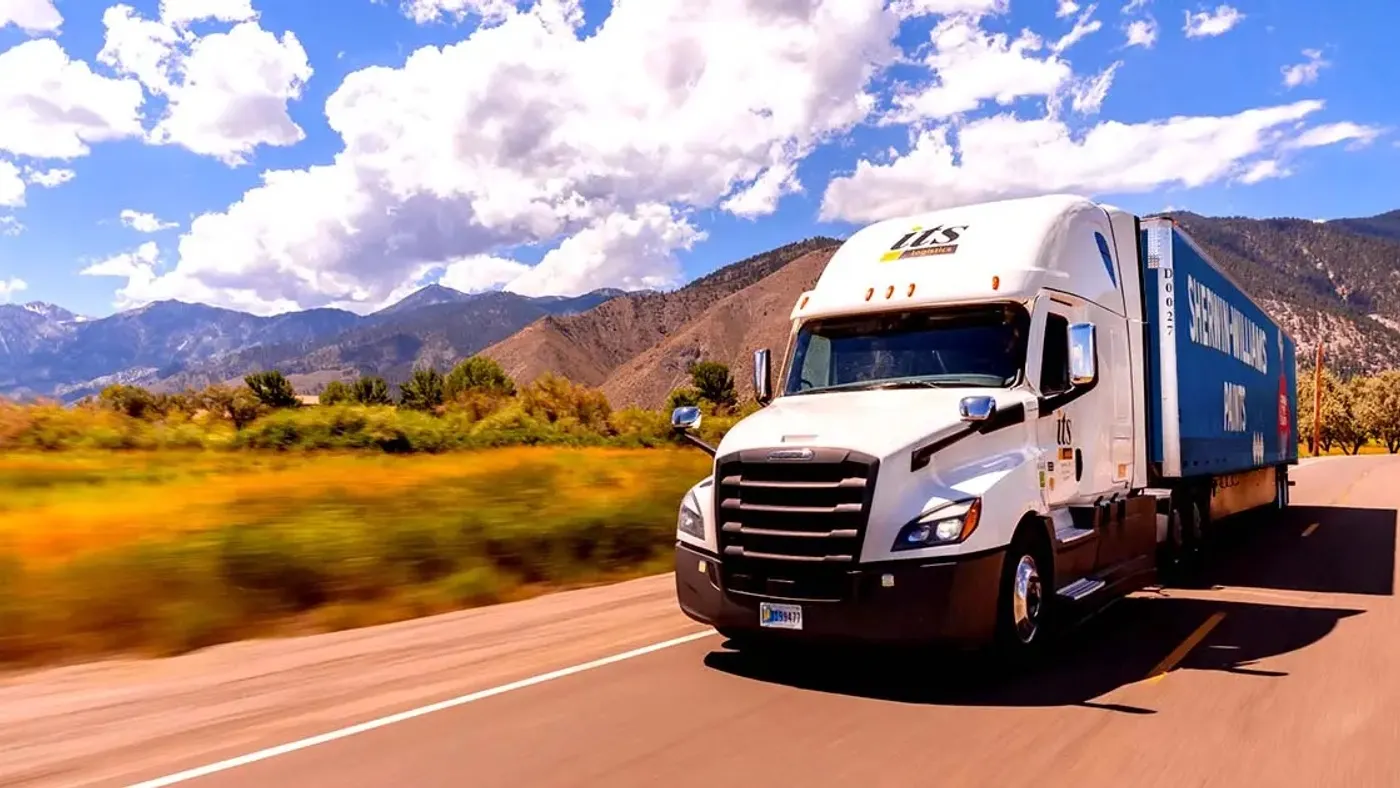 A freight truck on the road driving past a mountain landscape and a bright cloudy sky.