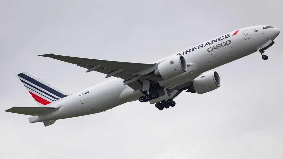 A B777 aircraft for Air France takes off.