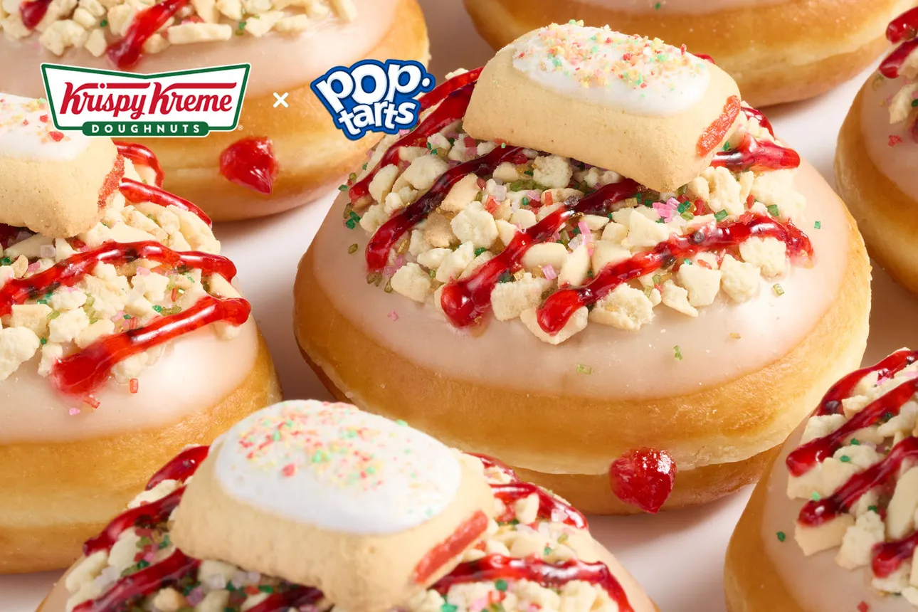 A closeup of a Krispy Kreme x Pop-Tart donut