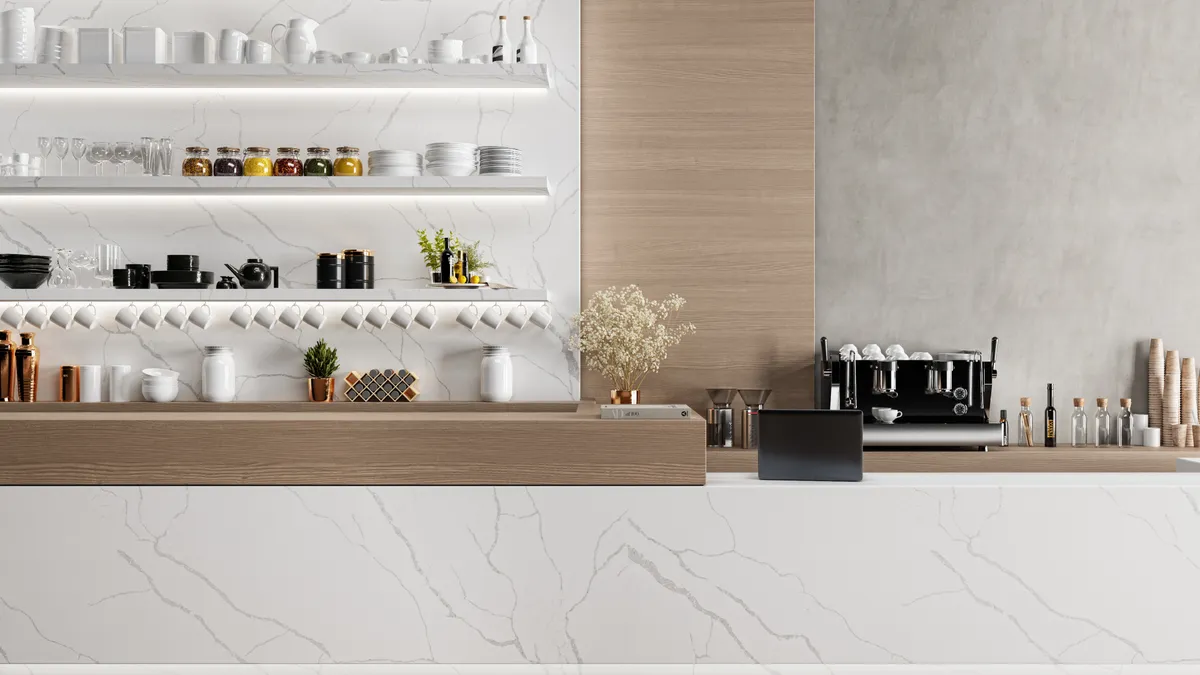 A coffee bar with quartz slab accents.