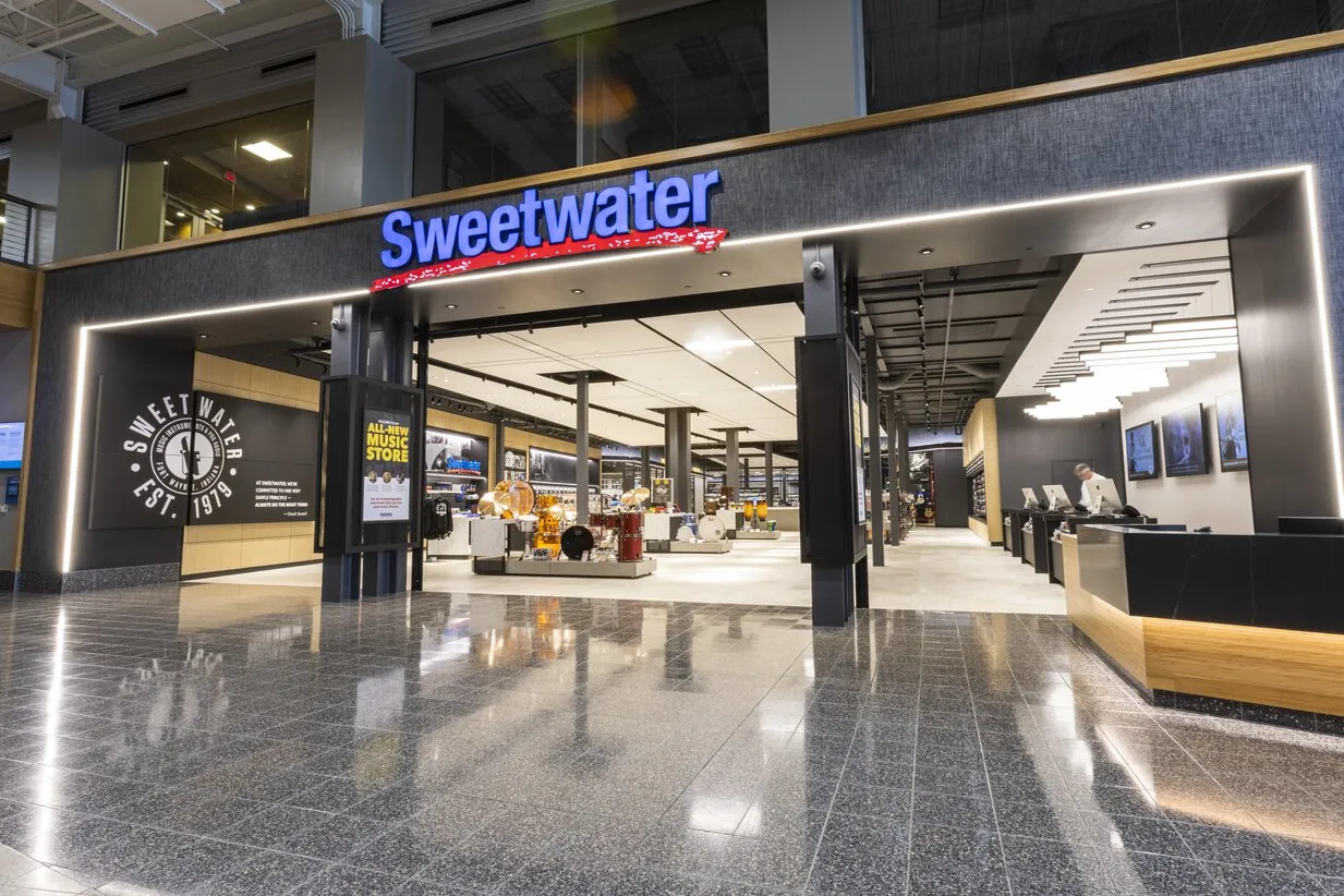 The indoor main entrance to Sweetwater music&#x27;s retail store in Fort Wayne, Indiana