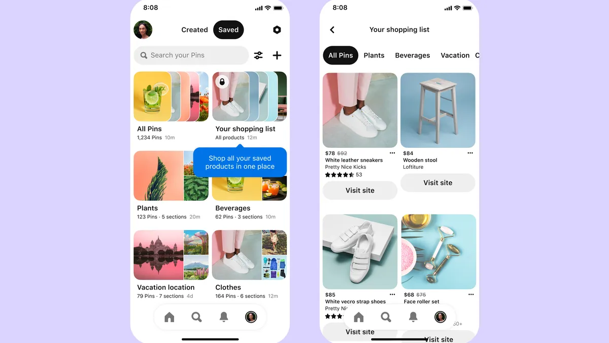 Pinterest announces shopping features including lists.