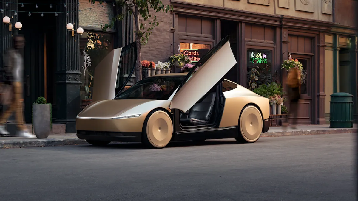 A rendering of a gold Tesla Cybercab with its doors open while parked on an urban street.