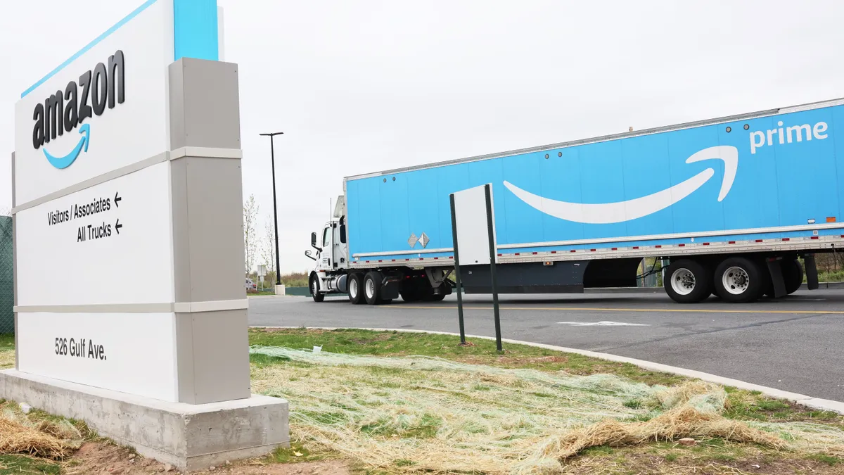 An Amazon truck is seen entering the LDJ5 Amazon Sort Center on April 25, 2022 in New York City.