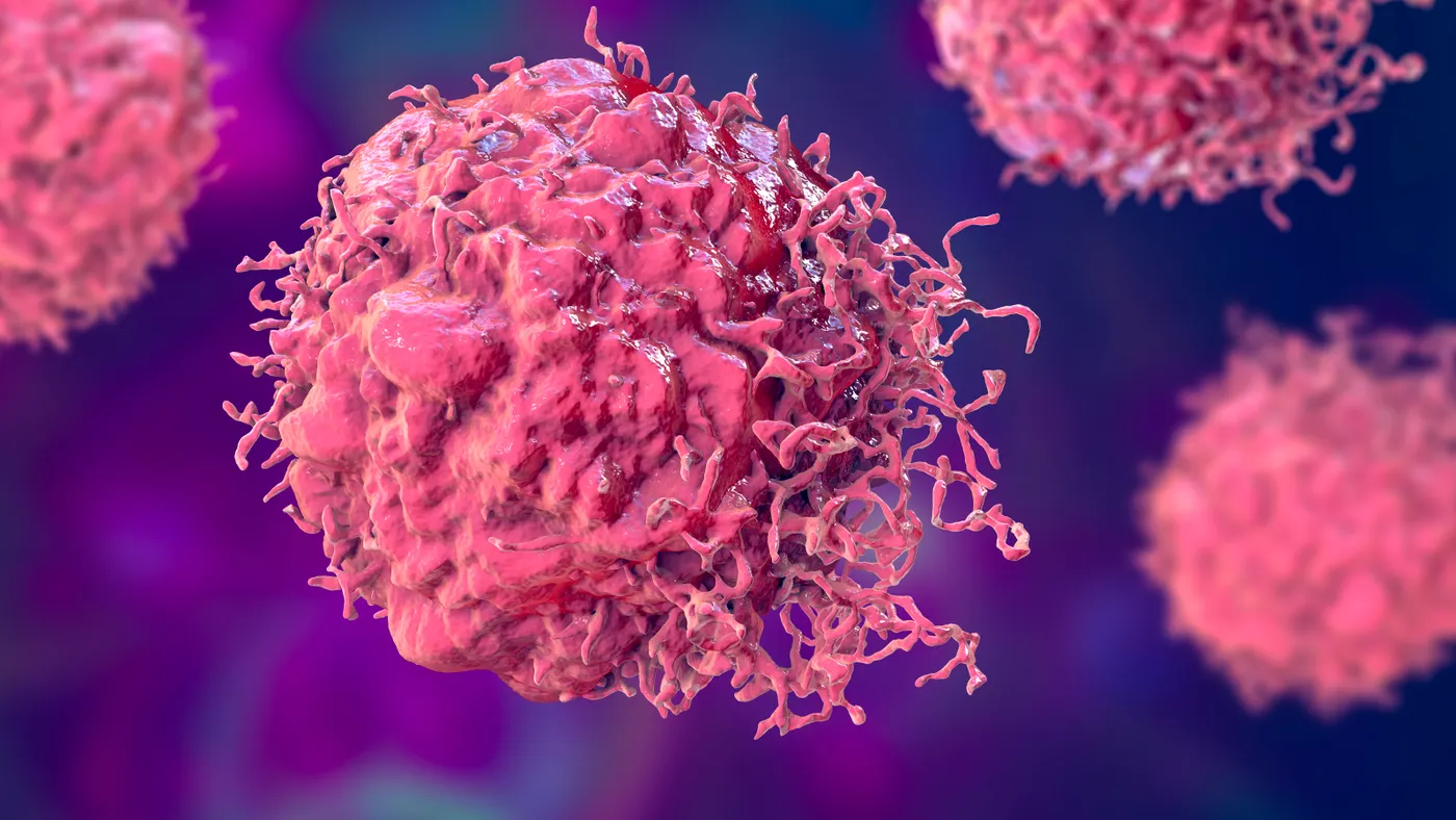 A 3D illustration of cancer cells.