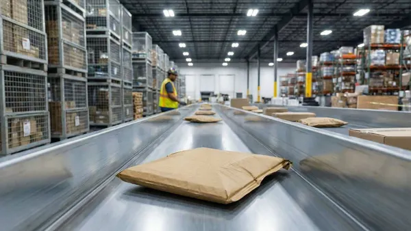 A worker in a safety vest stands in a large warehouse with rows of shelves. Brown packages move along a conveyor belt, indicating a busy, organized environment.