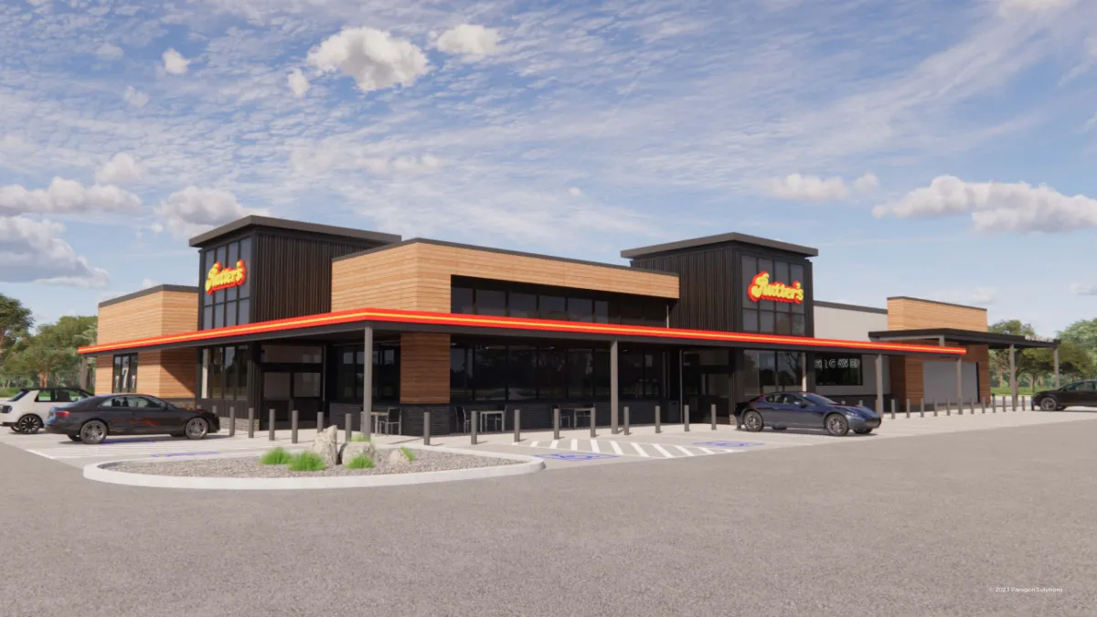 A rendering of the exterior of a convenience store in a parking lot with a few cars parked around it. Signs on the building say Rutter's.