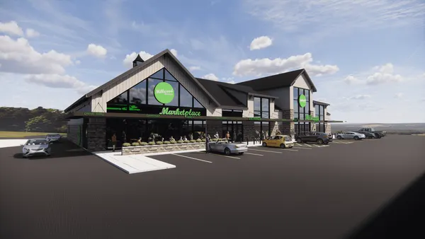 A rendering of the exterior of a convenience store with a dark roof and tan siding. Green and white signs on the store say "Millwood Market" and "Marketplace." .