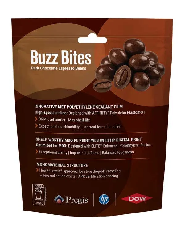A brown pouch with imagery and messaging on the exterior for chocolate-covered espresso beans.