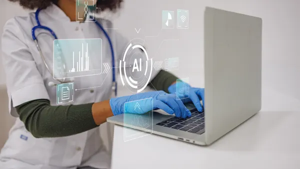 Doctor wearing blue gloves using a laptop with ai and healthcare technology overlay accessing patient data