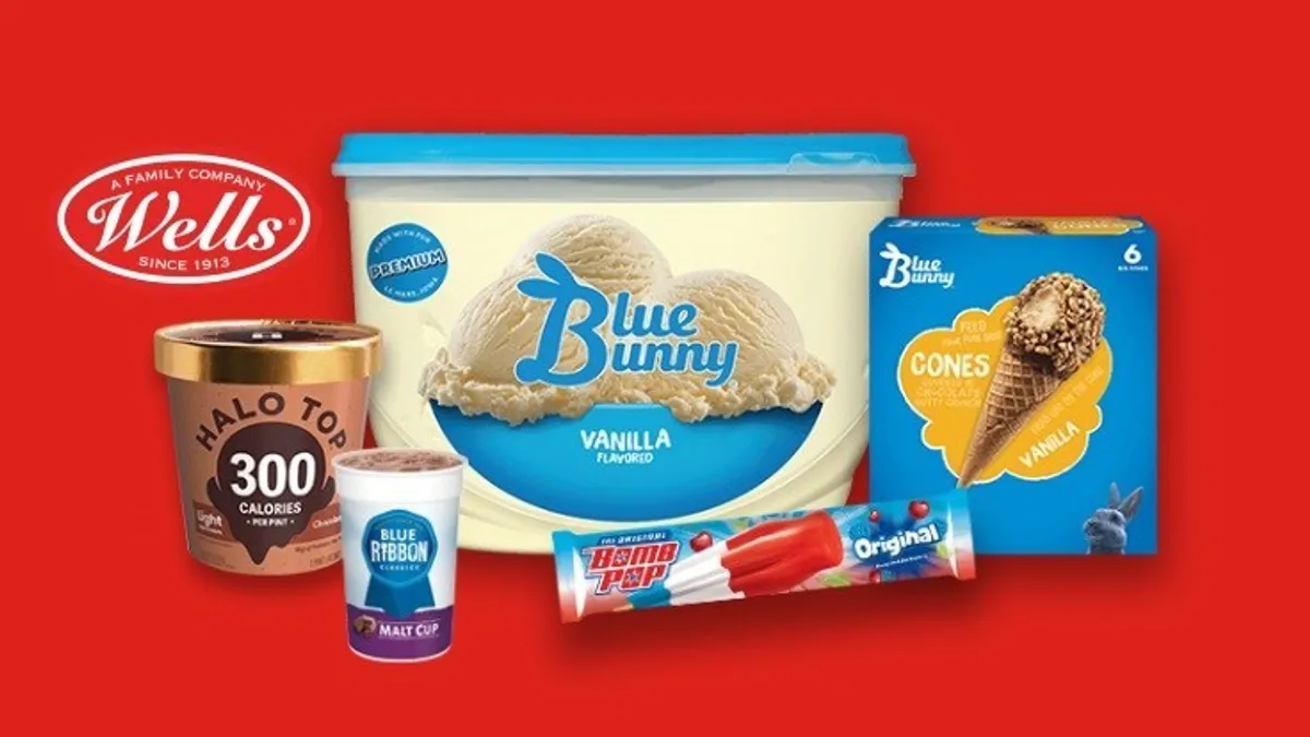 Packages of products from Wells Enterprises brands Halo Top, Blue Ribbon, Blue Bunny and Bomb Pop on a red background.