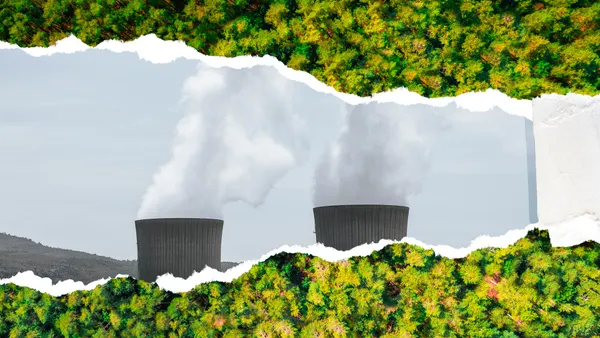 A lush green forest is torn open to reveal smoke-spewing industrial towers, symbolizing hidden environmental harm.