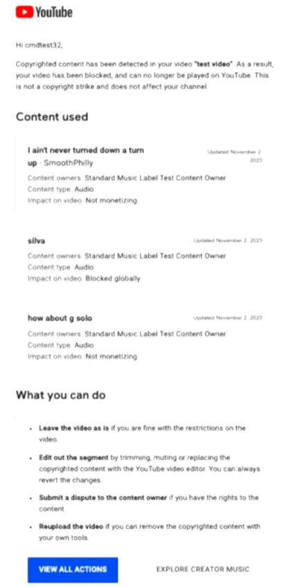 YouTube copyright claims message