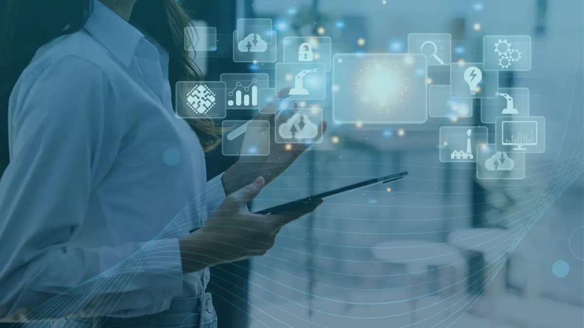 Graphic of person holding a tablet with overlay of different icons.