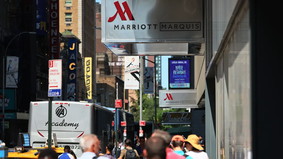 People walk past the New York Marriott Marquis in Time Square on August 01, 2023 in New York City.