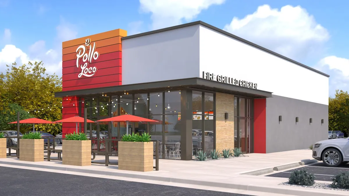 A rendering if a red and orange building with El Pollo Loco signage.