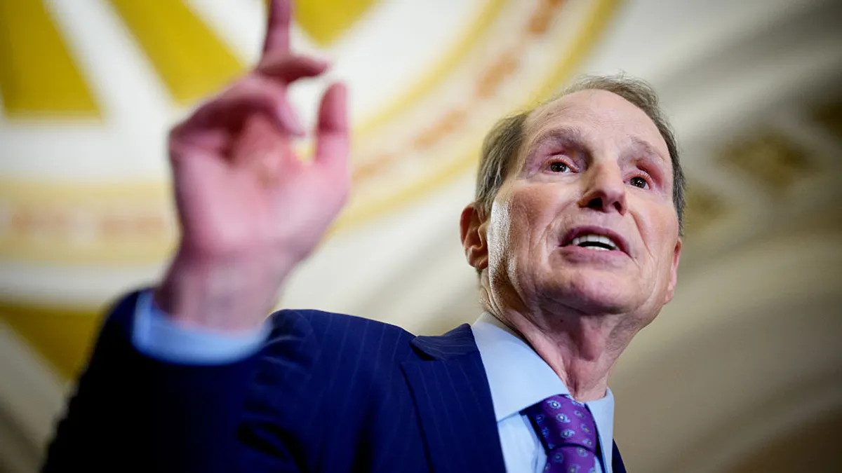 Sen. Ron Wyden speaks to reporters following a regular Democratic policy luncheon on April 8, 2025. Wyden is holding up the nomination of Sean Plankey to become director of CISA.