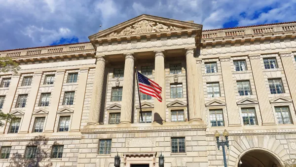A medium-range view of the U.S. Department of Commerce headquarters in Washington, DC.