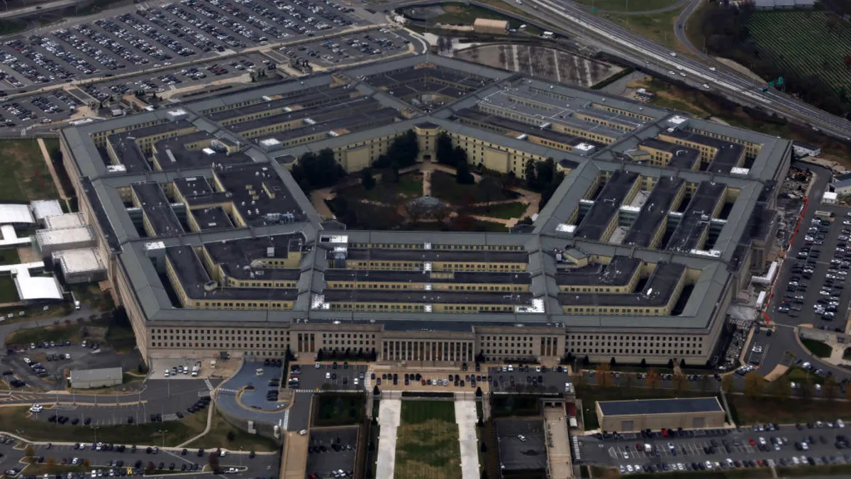 The Pentagon is seen from a flight taking off from Ronald Reagan Washington National Airport.