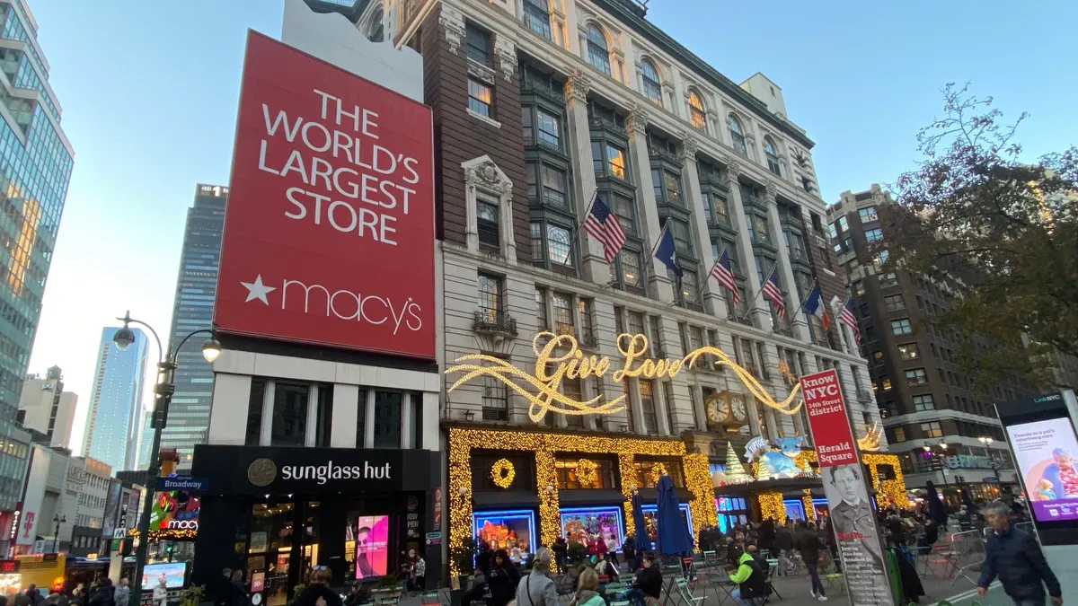 The outside of the Macy's store in Herald Square in NYC during the holidays.