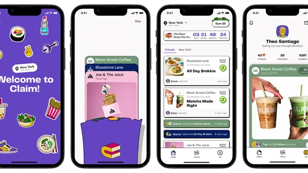 Several screenshots on a smart phone that illustrate Claim, a restaurant loyalty application.
