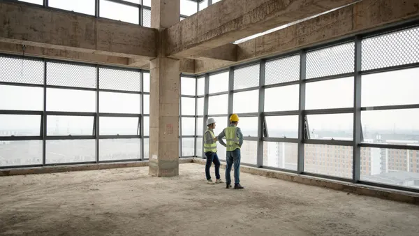 Two construction workers in a large, vacant building.