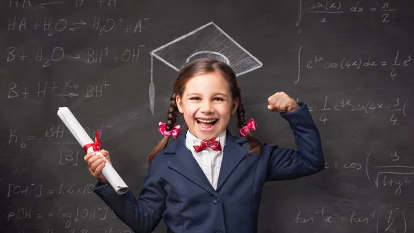 Back To School Concept, Portrait of Happy Smiling Child Student at Blackboard