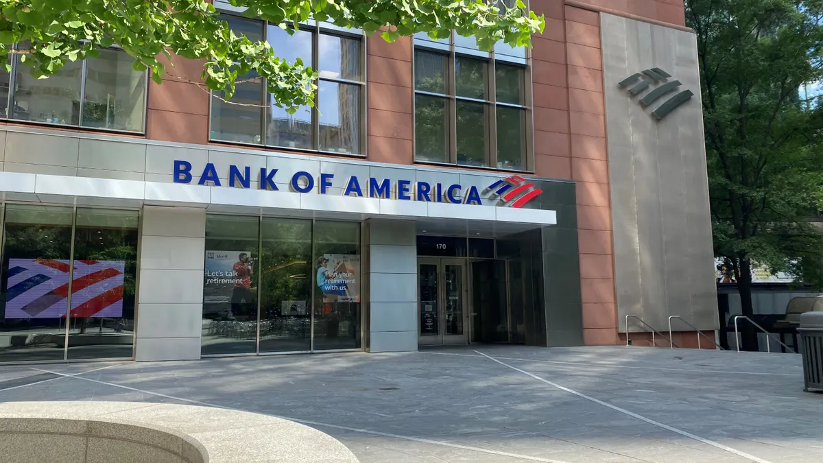 A Bank of America office location is shown, with the bank's flag logo and "Bank of America" signage on the building front.