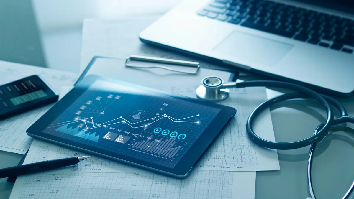 Medical examination and growth graph data of business on tablet with doctor's health report clipboard.