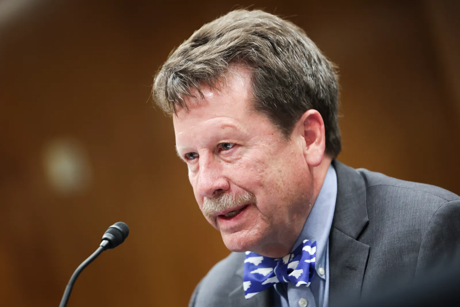 A man speaks in front of a microphone at a hearing.
