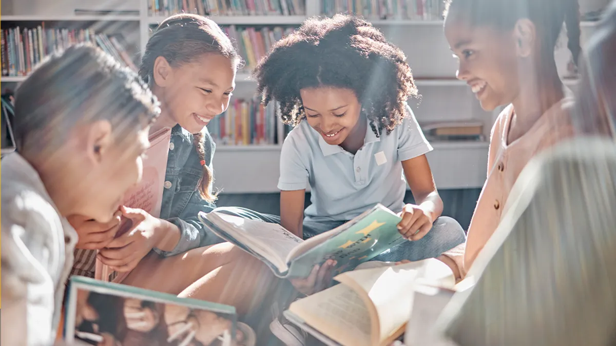 Education, books or students reading in a library for group learning development or growth