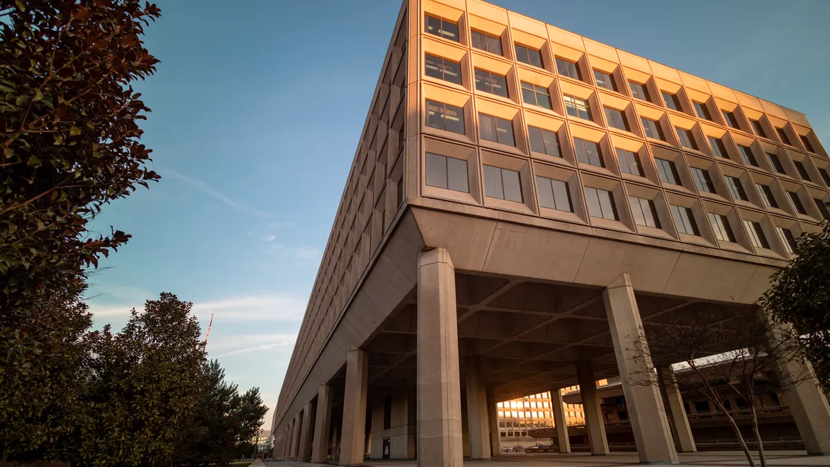 The James V. Forrestal Building Building, the headquarters of the United States Department of Energy, in downtown Washington, DC at sunset.