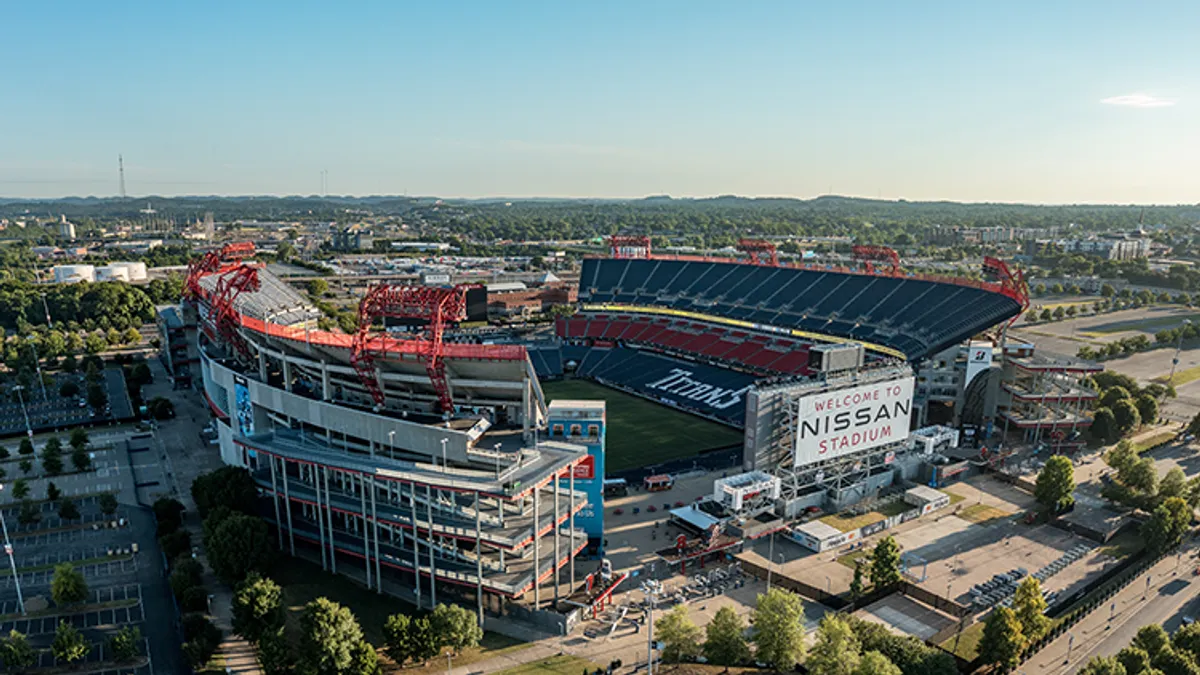 An aerial view of a large football stadium.