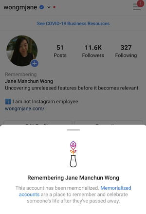 Instagram account memorialization