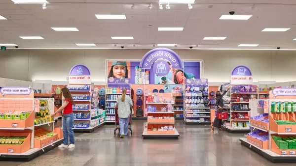 A red and purple store display of Target's back to school assortment