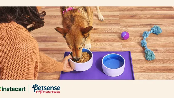 A woman places a bowl of dog food to a dog on a food mat.