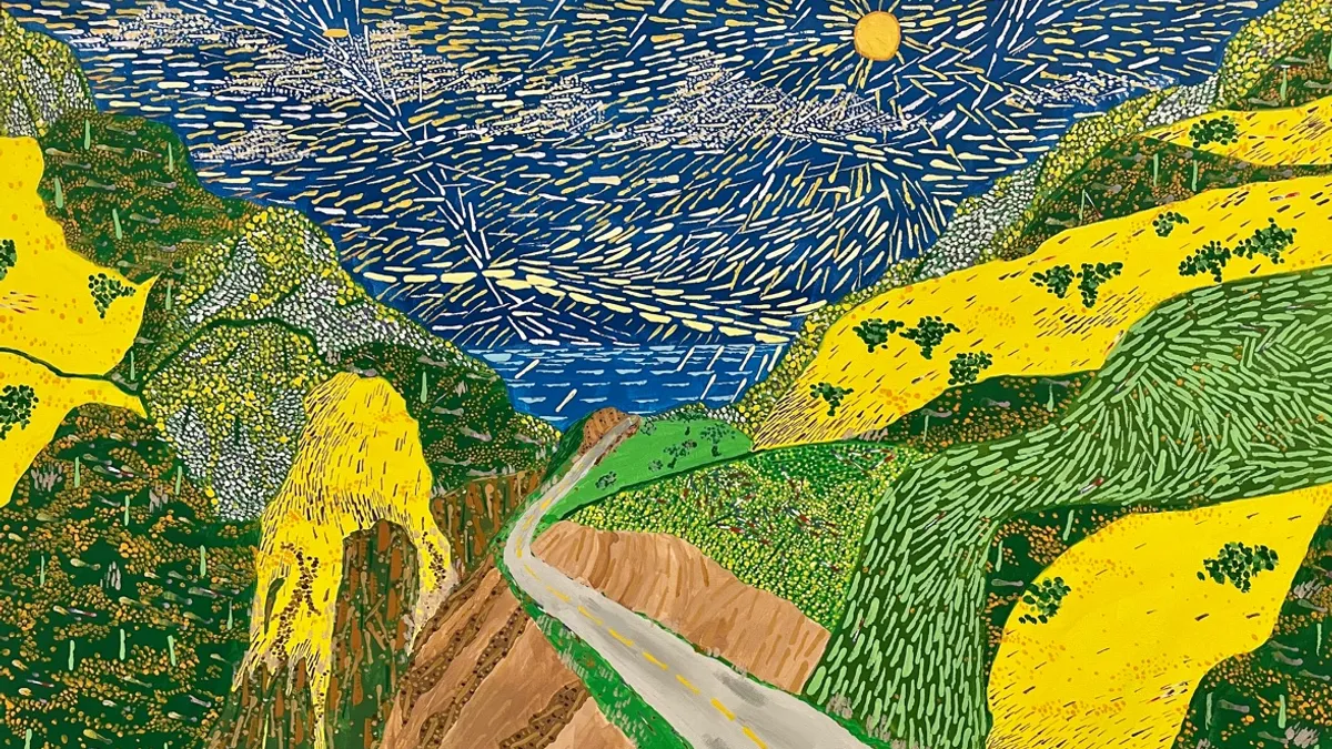 A green and yellow pointillism-style painting of a road running through a valley.